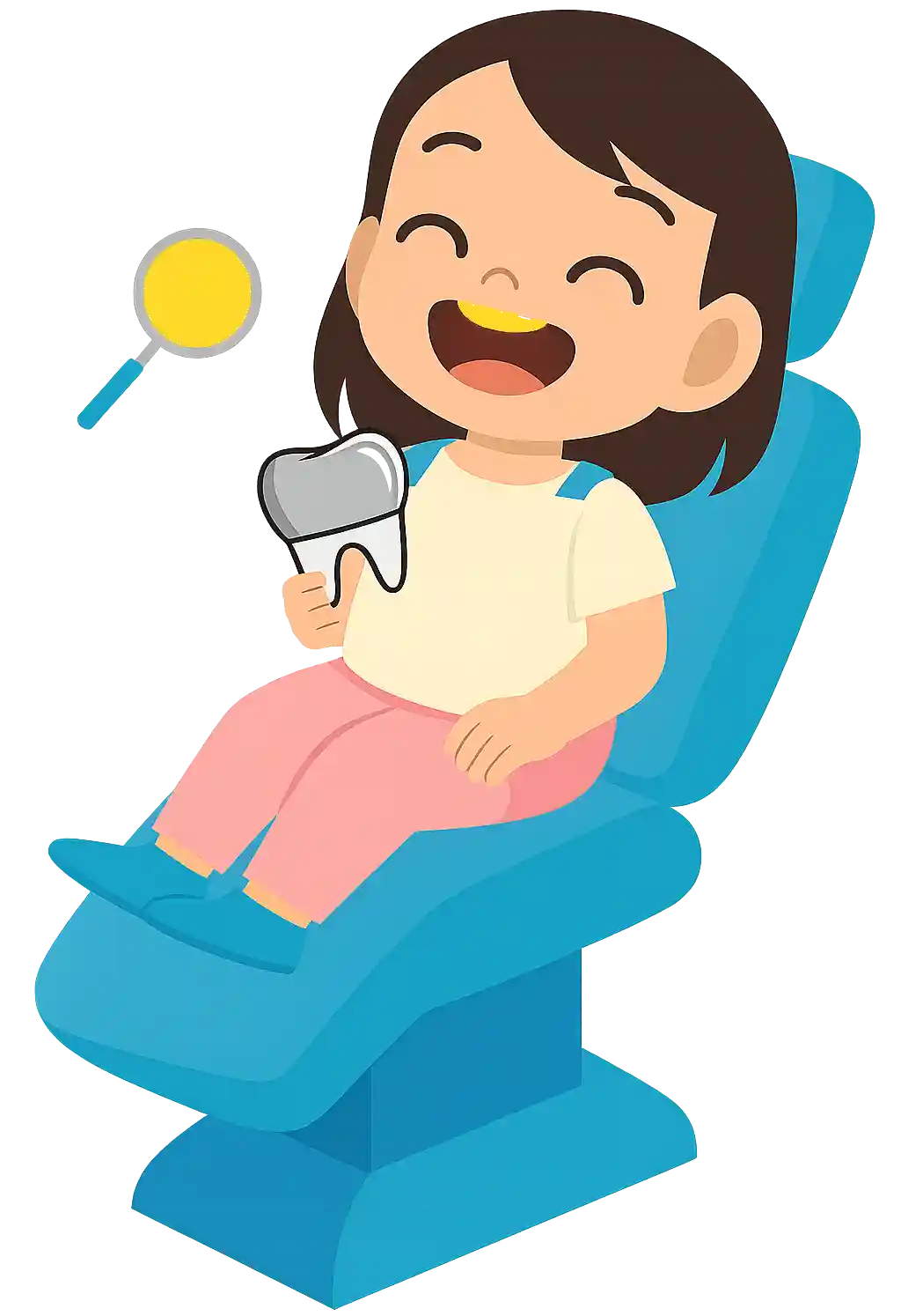 Smiling girl sitting on a blue dental chair holding a cartoon stainless steel crown, representing pediatric crown treatment at Hello Kids Dentistry in Pembroke Pines