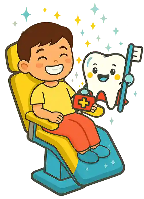 Young boy sitting in a blue dental chair holding Hello Kids Dentistry mascot with shield, symbolizing preventive dental cleanings and exams in Pembroke Pines, FL