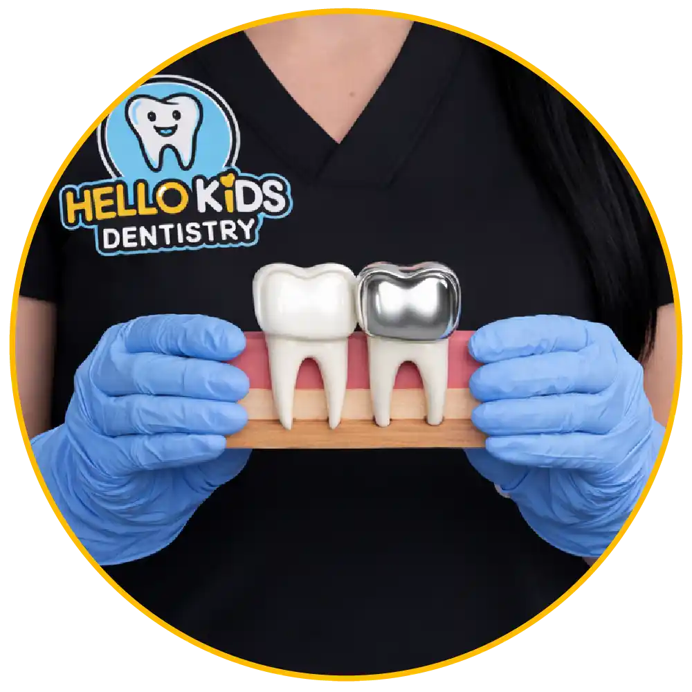 Pediatric dentist explaining dental crowns for kids at Hello Kids Dentistry in Pembroke Pines Florida