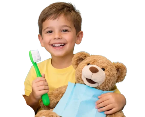 Happy child holding toothbrush during first dental visit at Hello Kids Dentistry pediatric dentist in Pembroke Pines Florida