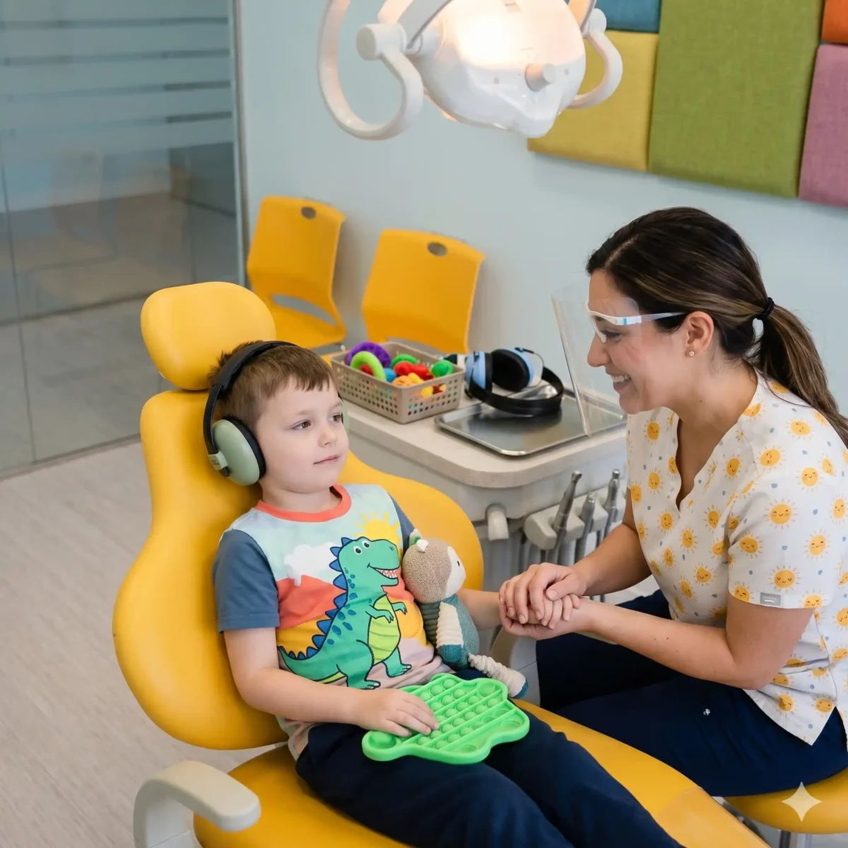 A young boy wearing noise-canceling headphones holding a pop-it fidget toy while sitting comfortably in the bright yellow dental chair at Hello Kids Dentistry in Pembroke Pines, Florida, as a gentle team member smiles and holds his hand.